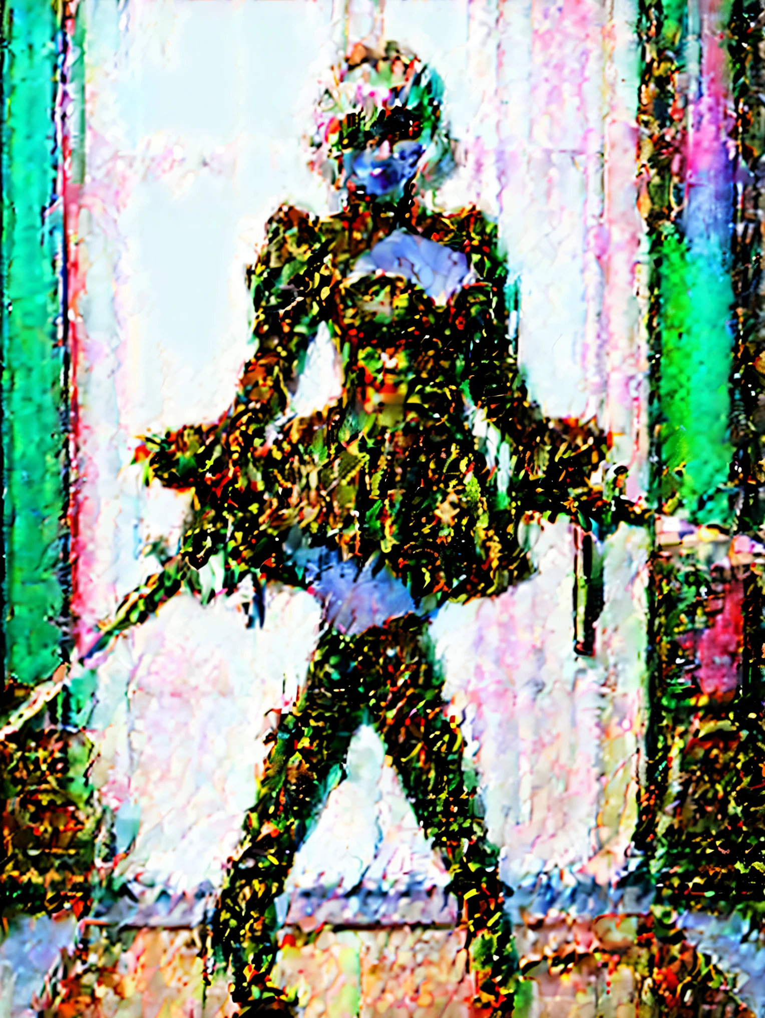 (crouched), 2B, 1girl, solo, short hair, thighhighs, gloves, long sleeves, dress, holding, cleavage, medium breasts, standing, full body, weapon, white hair, hairband, boots, puffy sleeves, sword, black thighhighs, black footwear, holding weapon, mole, black dress, high heels, leotard, clothing cutout, thigh boots, holding sword, cleavage cutout, katana, black hairband, juliet sleeves, high heel boots, blindfold, covered eyes, black blindfold, feather-trimmed sleeves, masterpiece,