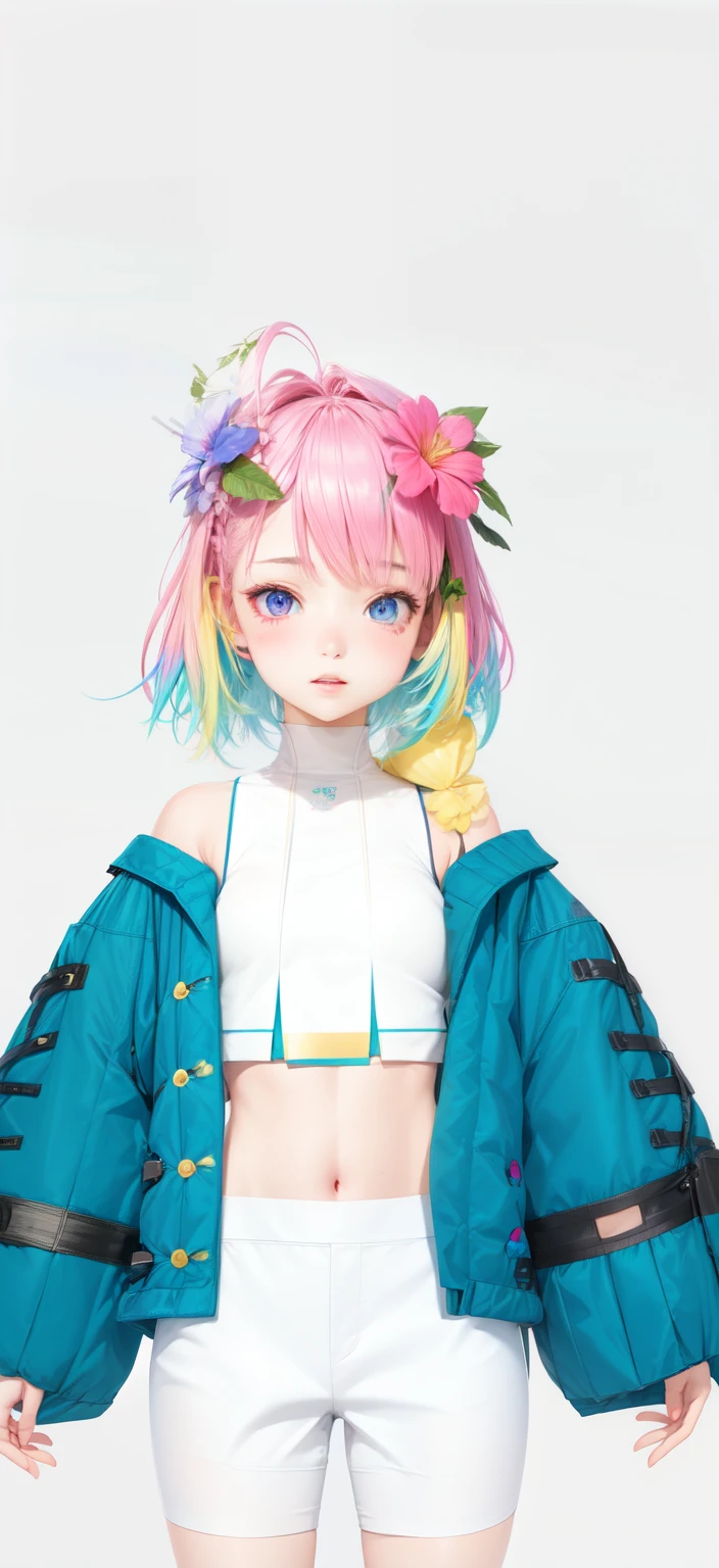 realistic, 1girl, colorful hair, blue and pink eyes, glowing eyes, white crop top, skirt, parted lips, blush, night, flowers, sun, sunlight,