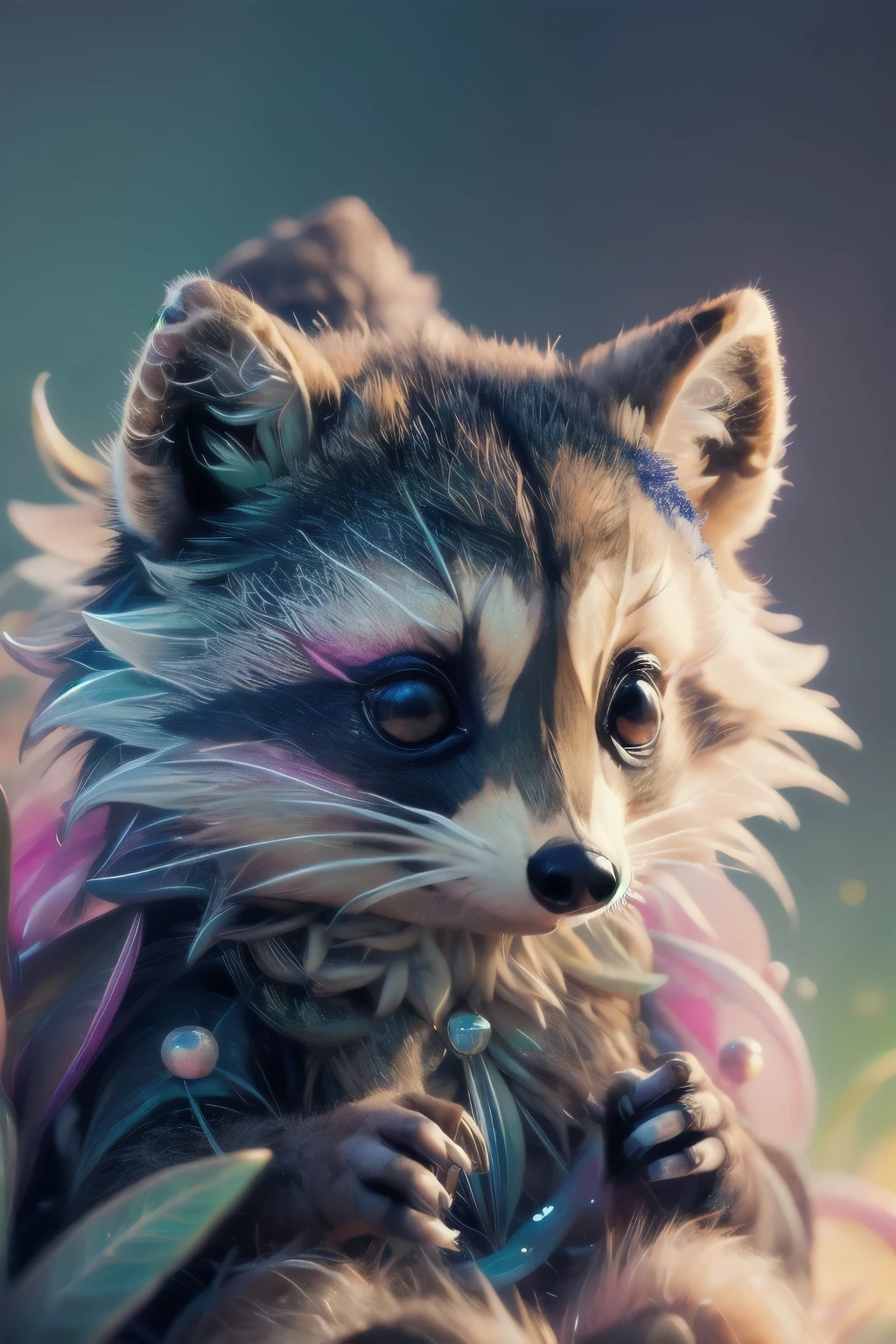 Cute raccoon in a surreal, dreamy fantasy scene、Detailed digital illustration、8K、Very detailed、Very realistic、Photorealistic、Bright colors、Dramatic lighting、Intricate details、Whimsical、magical realism、Soft pastel tones、Shine、Ethereal、Mysterious、Mysterious、Imaginative、Conceptual