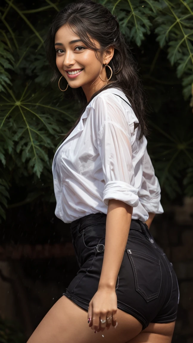 HD wallpaper 32k cinematic shoot of a Beautiful cute Pooja Hegde, with thick thighs and a curvy waist, smiling, wearing a Shirt without pant, ((large huge earrings)), ((Double thick thighs))