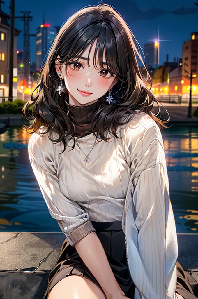 (masterpiece:1.3, Highest quality, Ultra-high resolution, Very detailed), (Realistic, photoRealistic:1.4), Beautiful illustrations, Perfect lighting, colorful, Written boundary depth,
Beautiful detailsまでこだわった髪, Beautifully detailed face, Beautiful details, Beautiful clavicle, Beautiful body, 美しいLarge Breasts, Beautiful thighs, Beautiful legs, Beautiful fingers,
Show Viewer、Front view:0.6, beauty1人, Japanese, beauty、30 years old, Perfect Face, (Perfect ???????, Anatomically correct), Cute and symmetrical face, Baby Face, , Shiny skin,
((Brown turtleneck sweater:1.4)),(((Long skirt 1.5)))
(Black Hair, Medium Wavy Hair:1.4), Dark brown eyes, (Large Breasts), The body is slim,
necklace, (Small earrings:1.4),
(Beautiful views), (night), (city, cityscape in the distance), Sit on a bench, 優しいsmile、(smile, Lips parted),