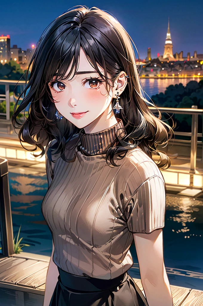 (masterpiece:1.3, Highest quality, Ultra-high resolution, Very detailed), (Realistic, photoRealistic:1.4), Beautiful illustrations, Perfect lighting, colorful, Written boundary depth,
Beautiful detailsまでこだわった髪, Beautifully detailed face, Beautiful details, Beautiful clavicle, Beautiful body, 美しいLarge Breasts, Beautiful thighs, Beautiful legs, Beautiful fingers,
Show Viewer、Front view:0.6, beauty1人, Japanese, beauty、30 years old, Perfect Face, (Perfect Anatomy, Anatomically correct), Cute and symmetrical face, Baby Face, , Shiny skin,
((Brown turtleneck sweater:1.4)),(((Long skirt 1.5)))
(Black Hair, Medium Wavy Hair:1.4), Dark brown eyes, (Large Breasts), The body is slim,
necklace, (Small earrings:1.4),
(Beautiful views), (night), (city, cityscape in the distance), Sit on a bench, 優しいsmile、(smile, Lips parted),