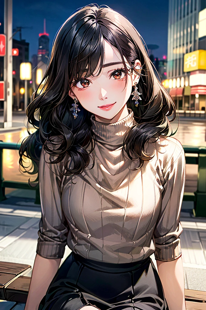 (masterpiece:1.3, Highest quality, Ultra-high resolution, Very detailed), (Realistic, photoRealistic:1.4), Beautiful illustrations, Perfect lighting, colorful, Written boundary depth,
Beautiful detailsまでこだわった髪, Beautifully detailed face, Beautiful details, Beautiful clavicle, Beautiful body, 美しいLarge Breasts, Beautiful thighs, Beautiful legs, Beautiful fingers,
Show Viewer、Front view:0.6, beauty1人, Japanese, beauty、30 years old, Perfect Face, (Perfect Anatomy, Anatomically correct), Cute and symmetrical face, , , Shiny skin,
((Brown turtleneck sweater:1.4)),(((Long skirt 1.5)))
(Black Hair, Medium Wavy Hair:1.4), Dark brown eyes, (Large Breasts), The body is slim,
necklace, (Small earrings:1.4),
(Beautiful views), (night), (city, cityscape in the distance), Sit on a bench, 優しいsmile、(smile, Lips parted),