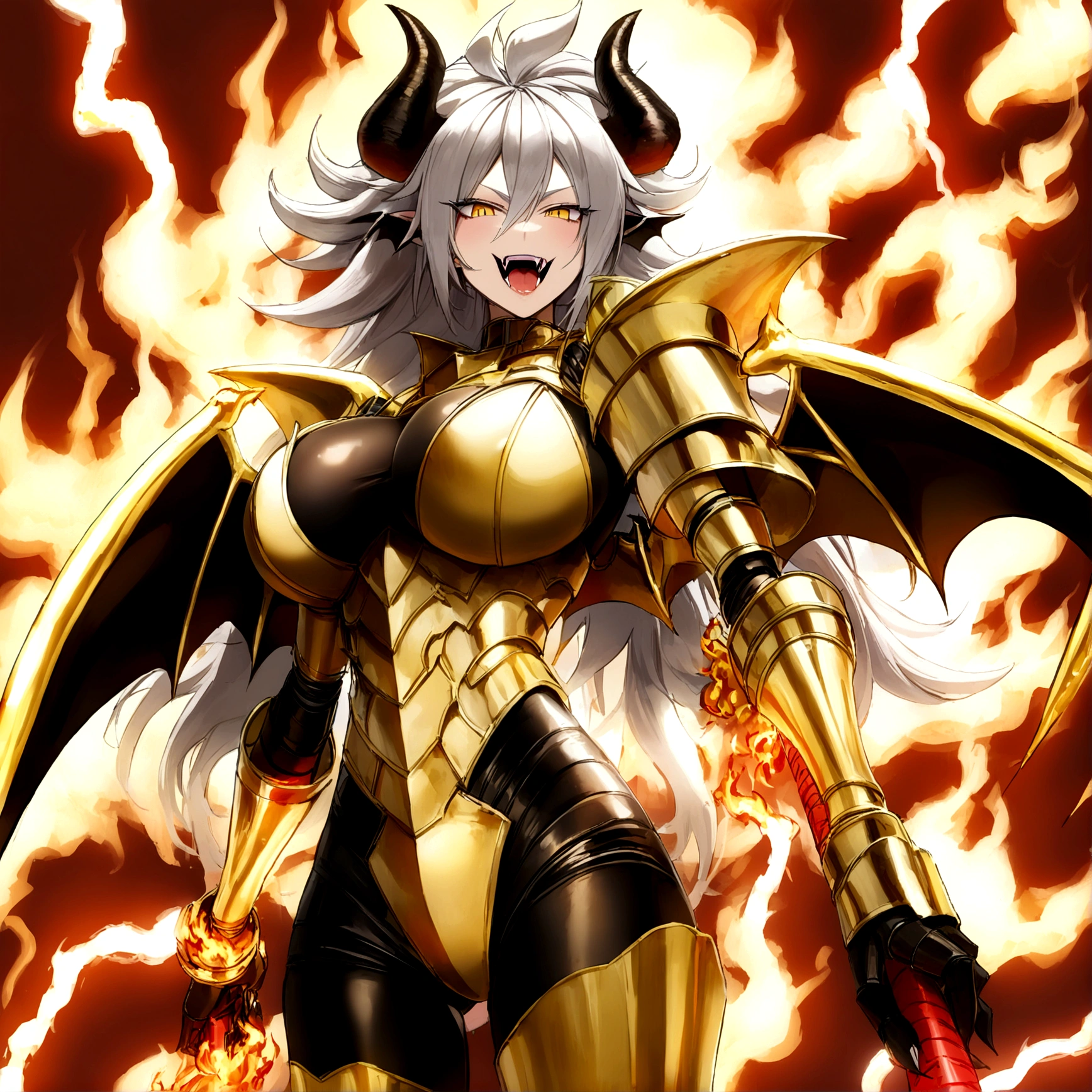 ((Lightning Power)), ((Electricity)), ((Fire Background)), ((Lightning Storm)), ((Power Erupting)),((((android 21 Evil)))), (((white Coat))), (((Busty))), (((((Big breast:1,3)))), luxury bustier corset, (((silver hair))), (((Very slim waist))), propotional body, ((Gorgeous)), (((gold wings))), masterpiece, hyperdetail, ambient effect, digital effect, (((Fangs))), (((FIRE SWORD)), (((Lightning Sword))), (((Fire Gold Armor))), (((Lightning Gold Wings))), (((Demon Wings))), (((Fire Blazing Horns)))