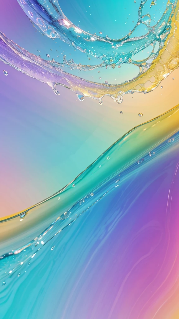 Background wallpaper for your desktop in the form of color shapes like liquid glass with connecting translucent bubbles in the colors of violet, blue, pink,, turquoise, pastel shades, ocean waves pale green and pale yellow 