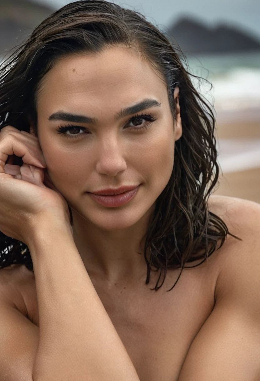  high quality  Erotic shot , ( GalGadot )  celebrity erotic photograph , (sensual face, detailed face skin, extremely erotic :1.5 nude, oily skin, smile, shiny face) extremely long  hair , erotic photoshoot , fit muscular figure , exhausted look, rainy, wet, shiny sweaty skin, seductive expression , on beach, wet hair, dark atmosphere, erotic lighting , rosy white pale  skin tone , erect nipples , celebrity, female,  woman, hollywood actress, , erotic angle  , fleshy muscular woman  , ( natural lights, depth of field, insanely detailed skin texture, hyper detailed features )