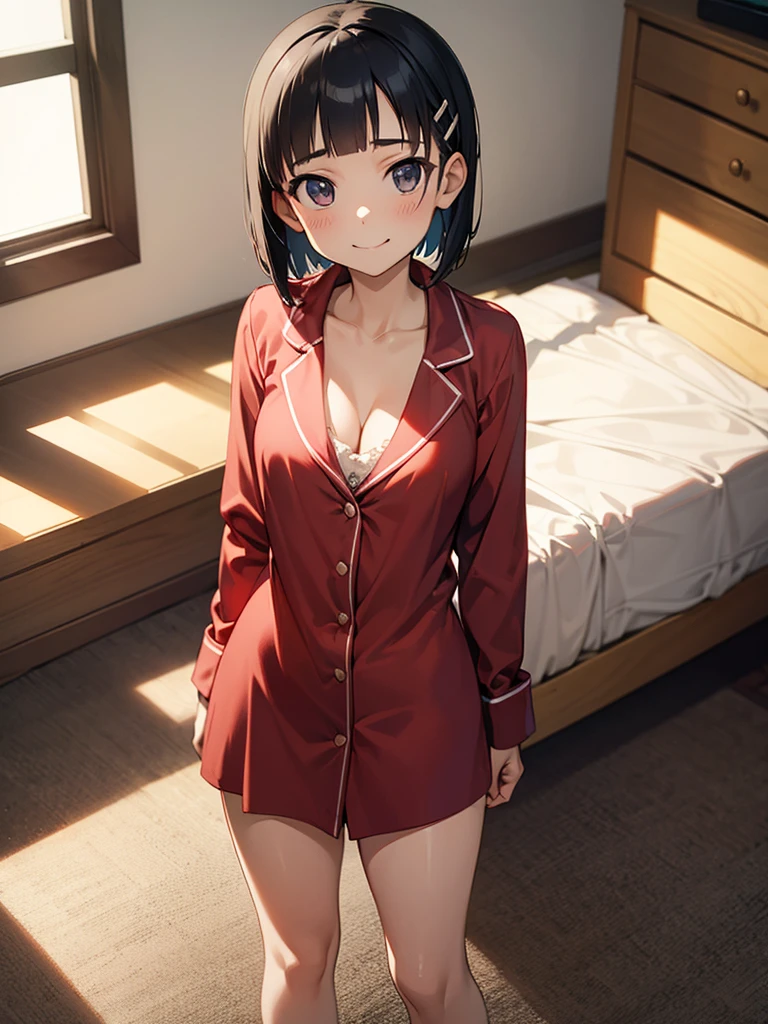 masterpiece, best quality, aasugu, solo, short hair, hairclip, cleavage, pajamas, red shirt, dress shirt, bare legs, ****, (petite), smile, standing, living room,