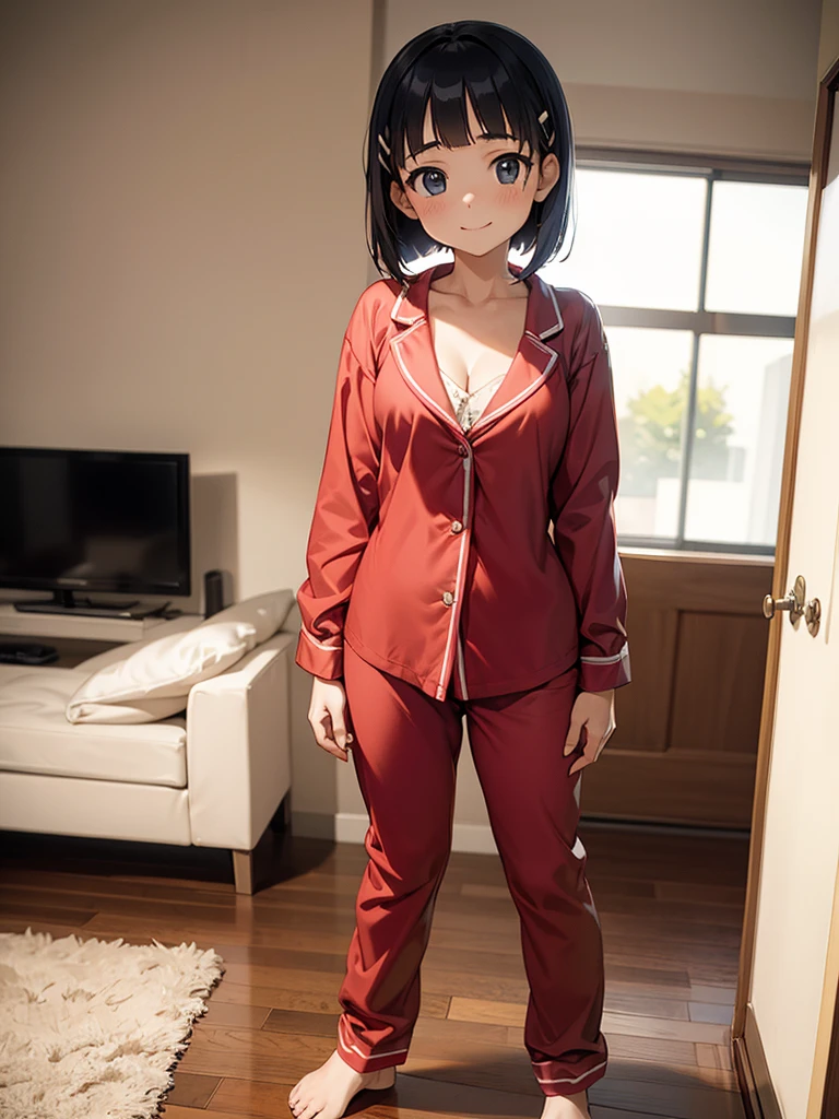 masterpiece, best quality, aasugu, solo, short hair, hairclip, cleavage, pajamas, red shirt, dress shirt, bare legs, 10yo, (petite), smile, standing, living room,