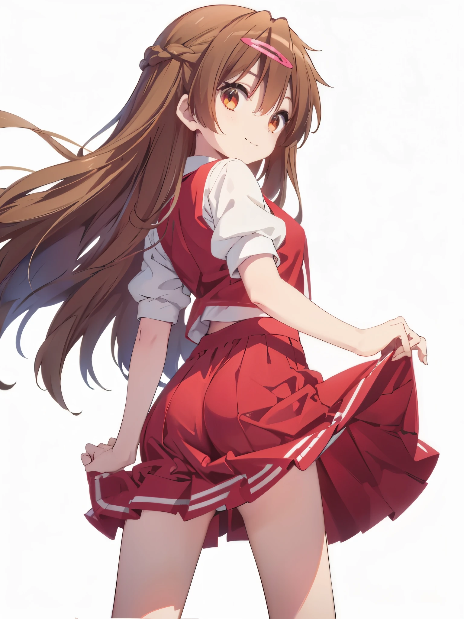 ???????????, , skirt lift, skirt hold, contrappost, white background, long hair, evil smile,