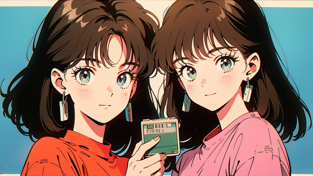 A picture of a girl in anime style holding a cassette tape. The girl has big eyes, brown hair, and wears casual clothes. The cassette tape is red and labeled ``1980...''. The girl is smiling and holding the cassette up in front of her face. The background is simple and the main focus is on the girl and the cassette tape.