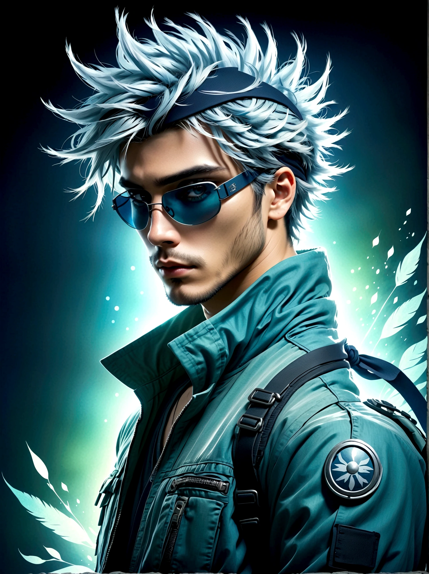 A fictional anime character sporting a silver spiky hair, wearing a headband tilted to cover one eye. He is dressed in a typical ninja attire, complete with a flak jacket, the fabric is in shades of blue and green. He also wears gloves and his mask is pulled up to cover the lower half of his face. He carries an aura of mystery and coolness around him.