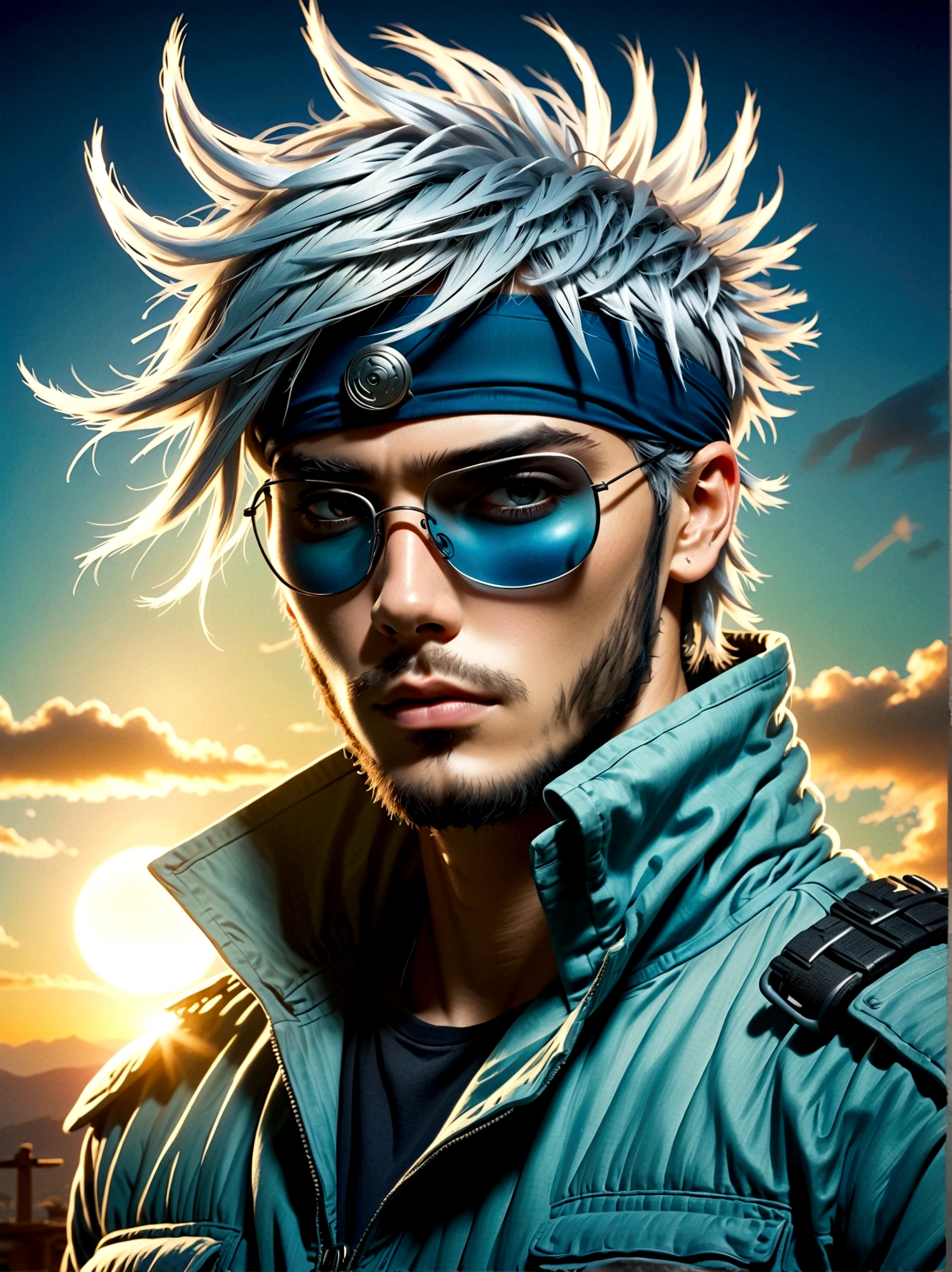 A fictional anime character sporting a silver spiky hair, wearing a headband tilted to cover one eye. He is dressed in a typical ninja attire, complete with a flak jacket, the fabric is in shades of blue and green. He also wears gloves and his mask is pulled up to cover the lower half of his face. He carries an aura of mystery and coolness around him.