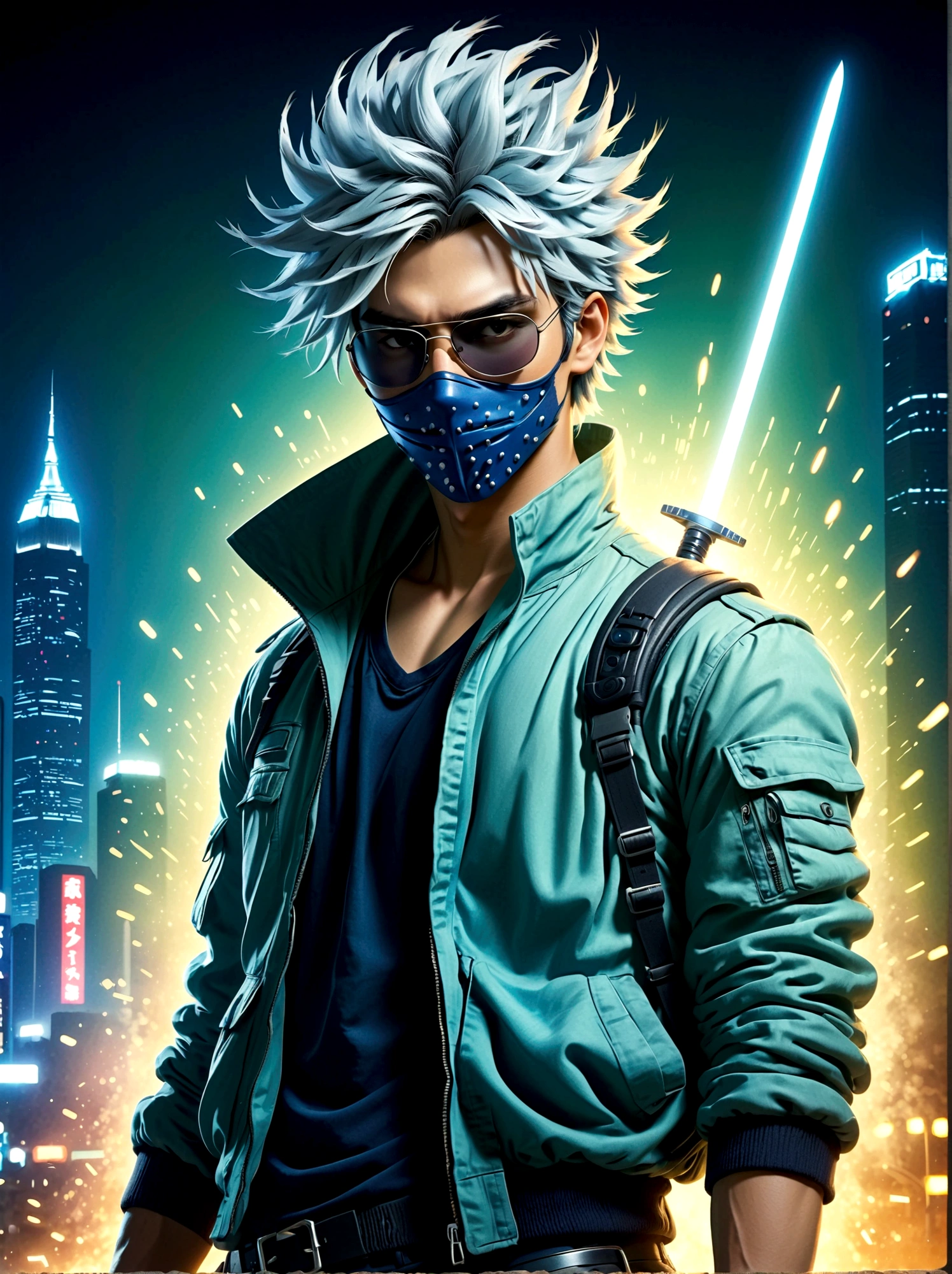 A fictional anime character sporting a silver spiky hair, wearing a headband tilted to cover one eye. He is dressed in a typical ninja attire, complete with a flak jacket, the fabric is in shades of blue and green. He also wears gloves and his mask is pulled up to cover the lower half of his face. He carries an aura of mystery and coolness around him.