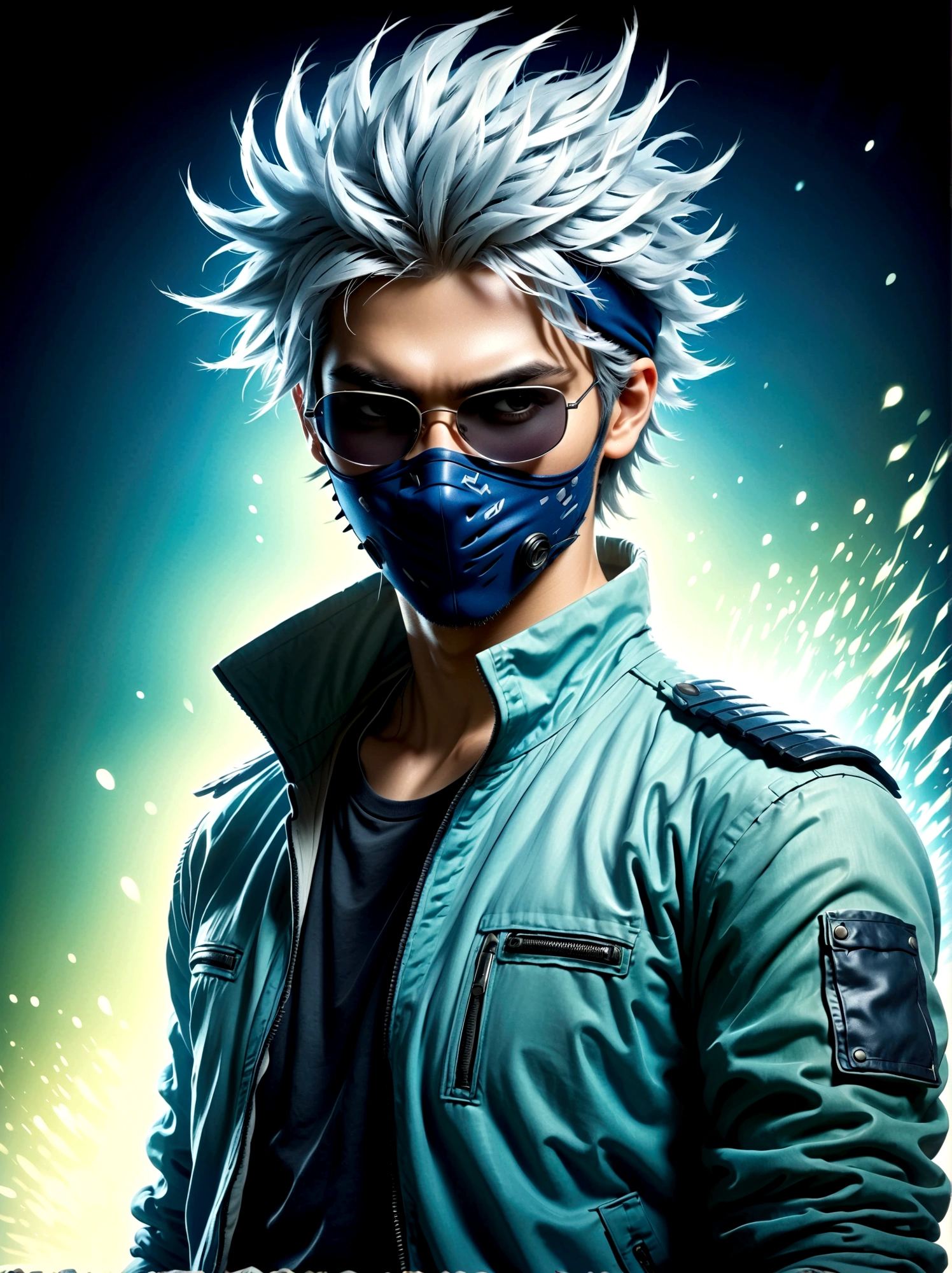 A fictional anime character sporting a silver spiky hair, wearing a headband tilted to cover one eye. He is dressed in a typical ninja attire, complete with a flak jacket, the fabric is in shades of blue and green. He also wears gloves and his mask is pulled up to cover the lower half of his face. He carries an aura of mystery and coolness around him.