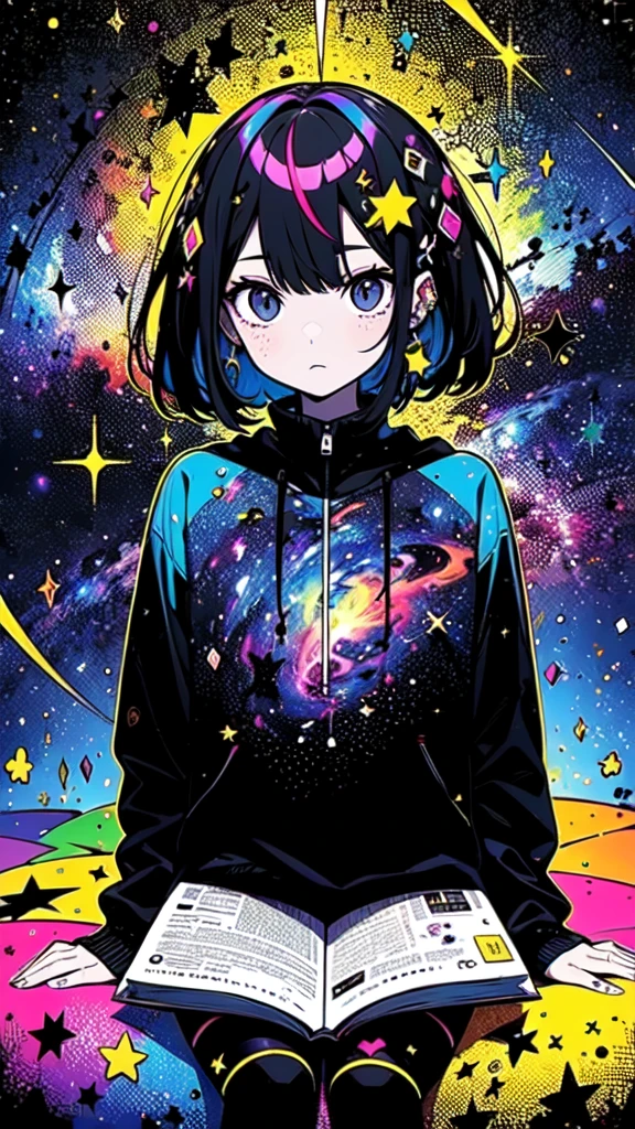 a sitting in the performer and reading a colored shining book, Rainbow colored space nebula sky background, performer, Milky Way