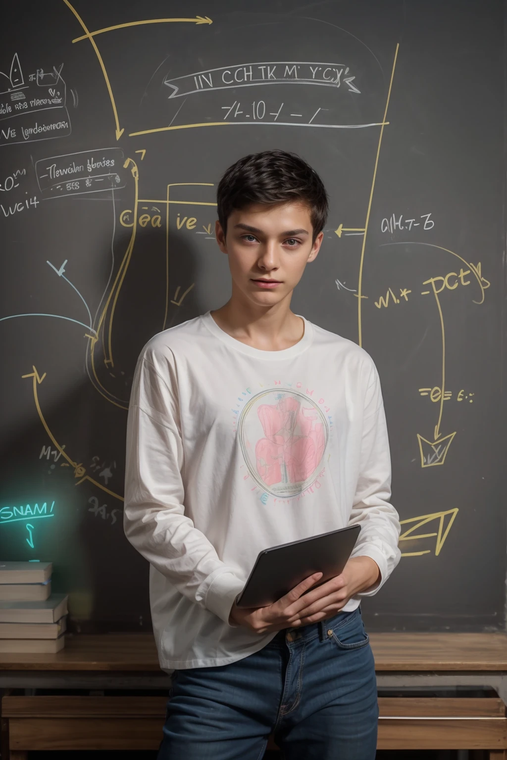 A beautiful young male twink, cute, with black hair, a face with reddish make-up, wearing a bright white long-sleeved shirt and aqua blue pants. He is in his office, and behind him is a blackboard on which is written the shape of the brain and its anatomy, from which nuclear energy emerges, and in his hand is a paper sheet with manuscripts on it. The phrase “The Greatest Mind.”