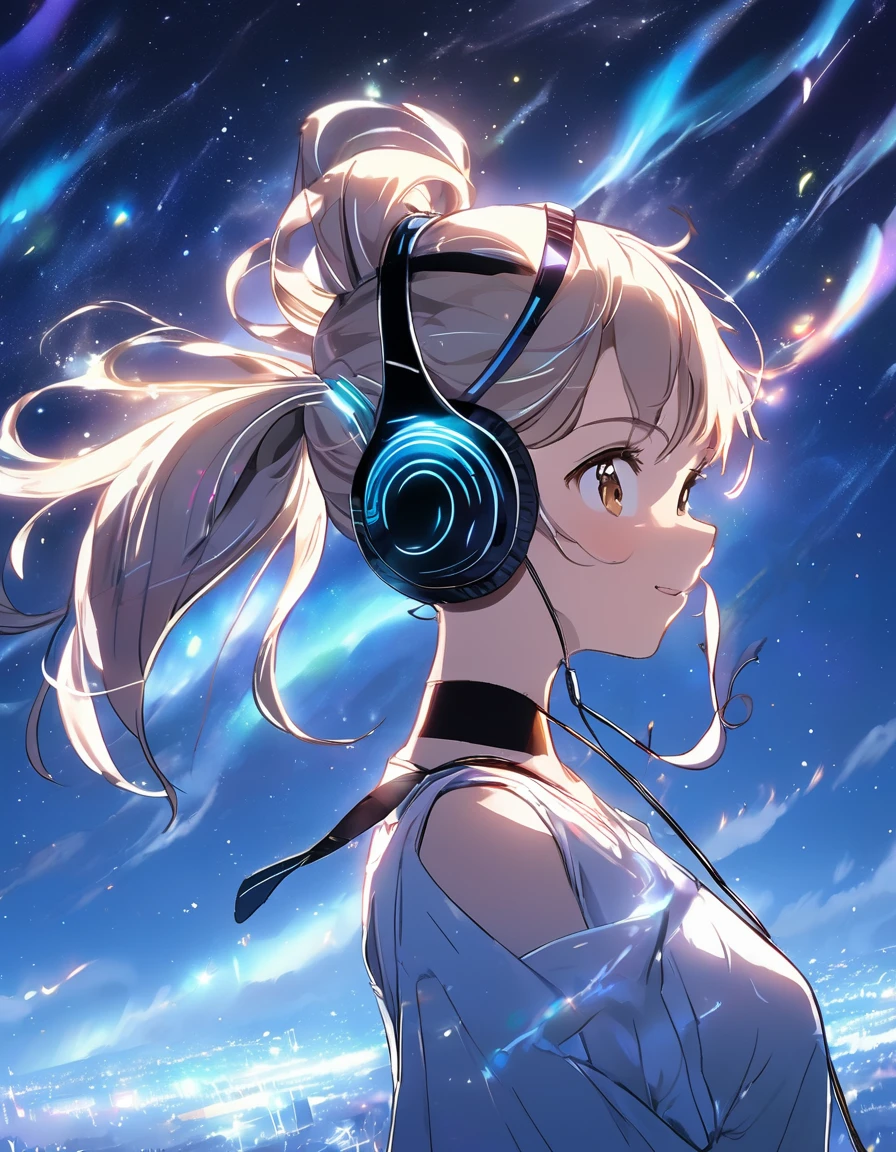  Night view, ponytail, Brown eyes, Flat Chest,  of the future, Aurora shining in the night sky, beautiful, Headphones，dazzling and，Light Spark
