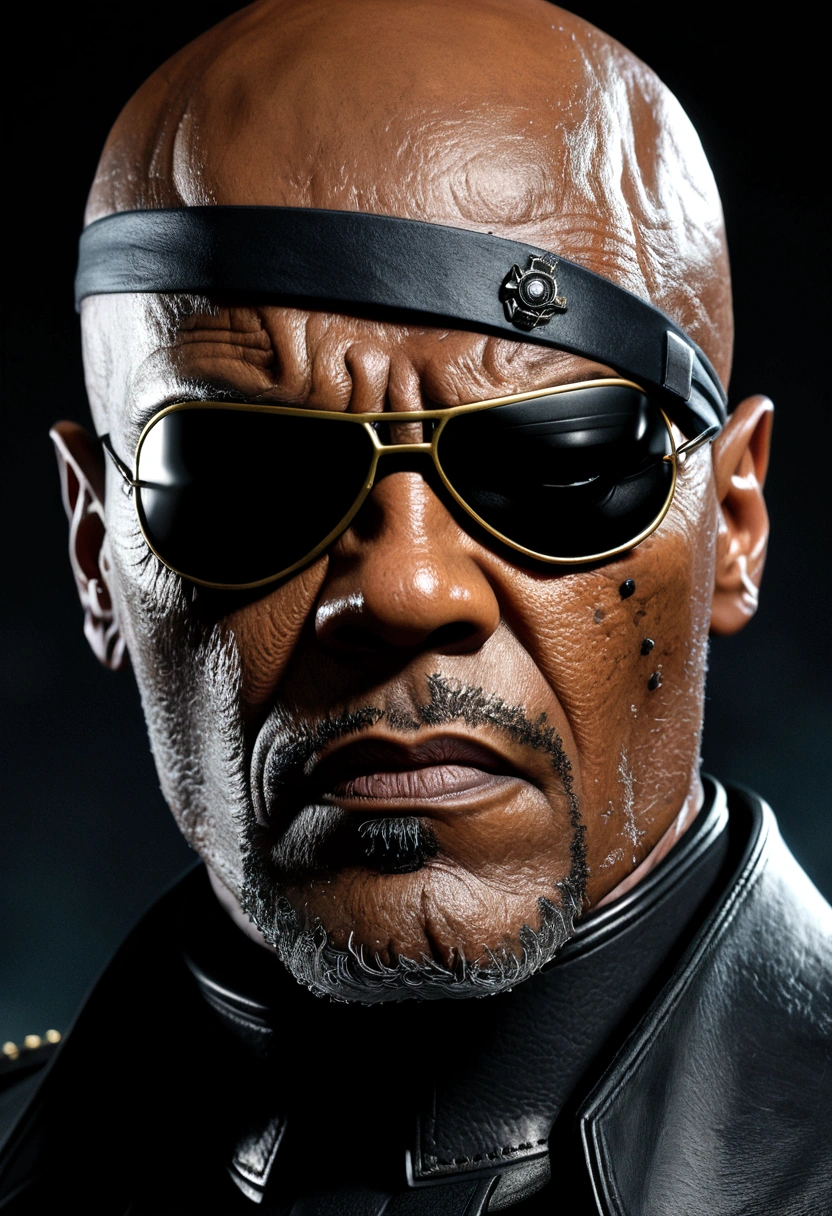a highly detailed portrait of Nick Fury, Marvel superhero character, ((wearing an eyepatch)), intricate facial details, intense gaze, serious expression, black leather outfit, military style, cinematic lighting, dramatic shadows, realistic textures, hyper-detailed, high resolution, 8k, photorealistic, concept art style