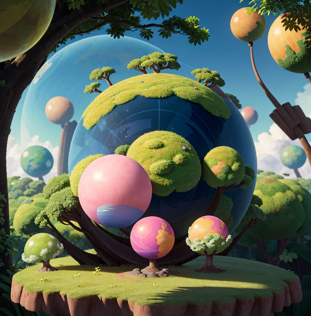 (((masterpiece))) (((best quality))) glass sphere, close-up of a planet with a bunch of trees on it, overgrown planet, green planet, fractal world, fantasy overgrown world, fantasy planet, Dyson sphere, pink planet, 3D render beeple, planetary landscape, round planet inspired by Jofra Bosschart, planet, futuristic world, psychedelic flower planets, ethereal world, (outgoing glow)