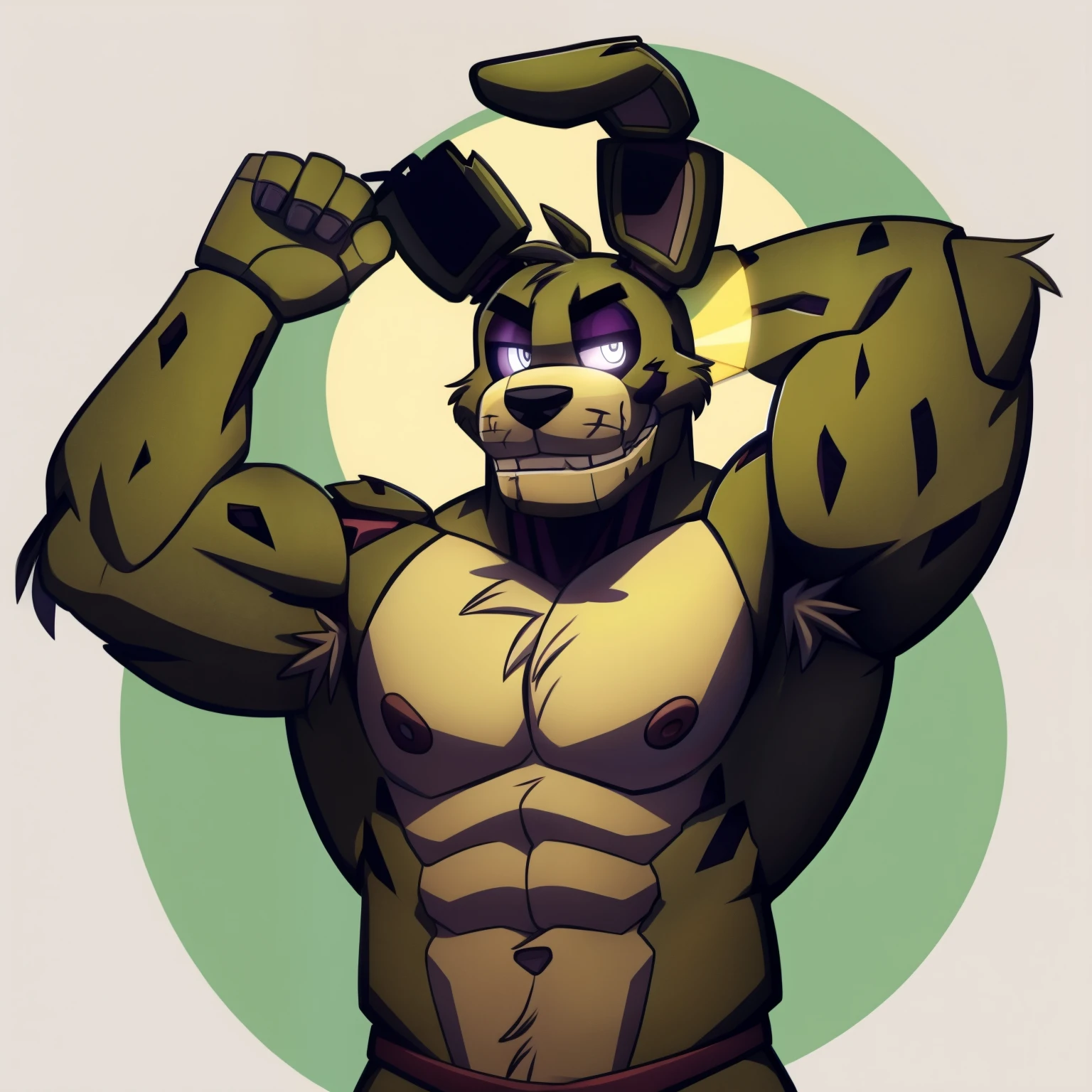 Male, rabbit, springtrap, five nights at Freddy's, masculine, smirking, muscular, raised arm, showing armpit, hairy armpit