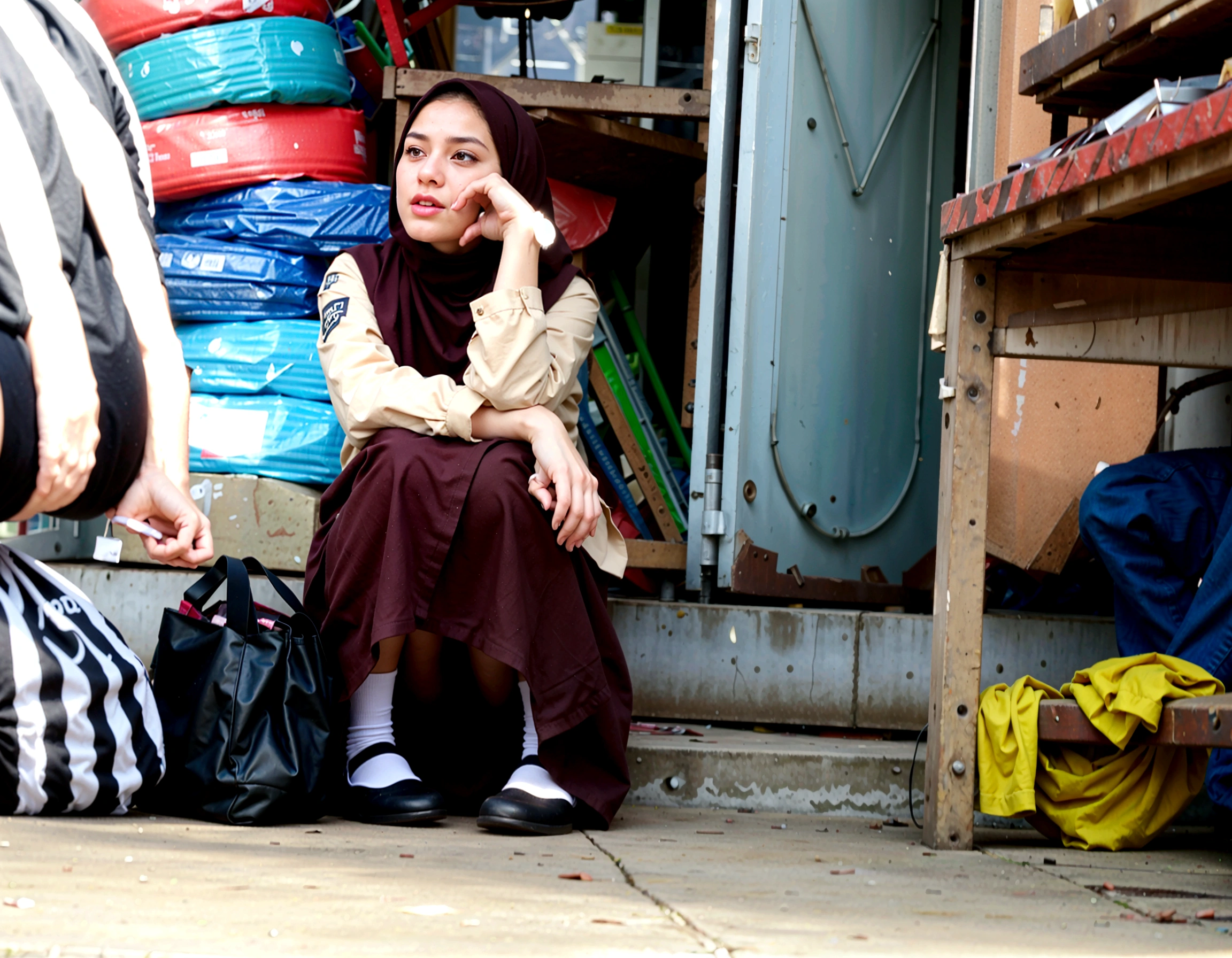 woman sitting on the ground talking on a cell phone, a picture, with a sad expression, candid picture, very very low quality picture, sitting on the ground, panoramic view of girl, potrait, in profile, in city street, she has a distant expression, mysterious coffee shop girl, student, in a street, street photo, hijab, sad expression