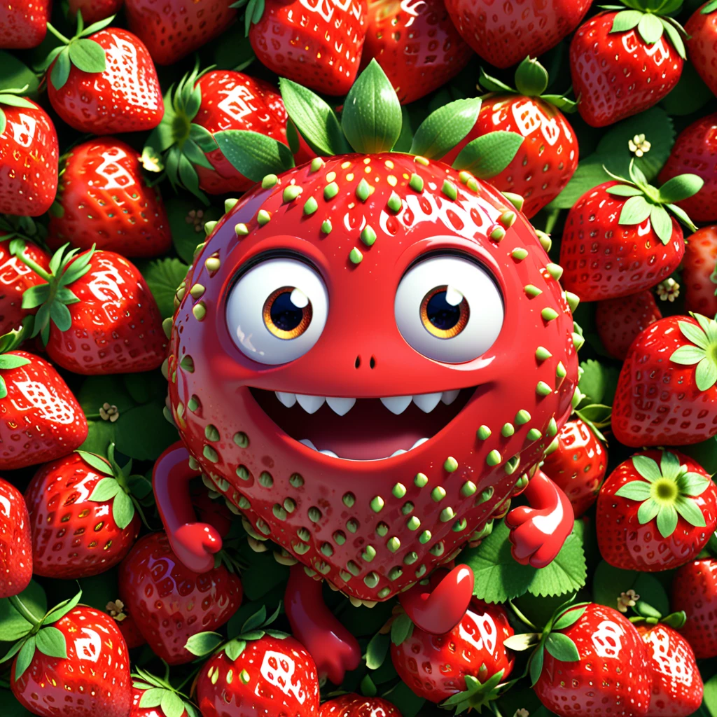 A cute strawberry monster with big eyes and a small red body covered in tiny seeds, happily smiling. The cartoon character is designed in the style of Pixar animation studio, created using C4D software. It has an adorable red color scheme and showcases a playful expression. This vibrant scene adds humor to your mobile phone wallpaper. --ar 1:1 --v 6.0 --3D render