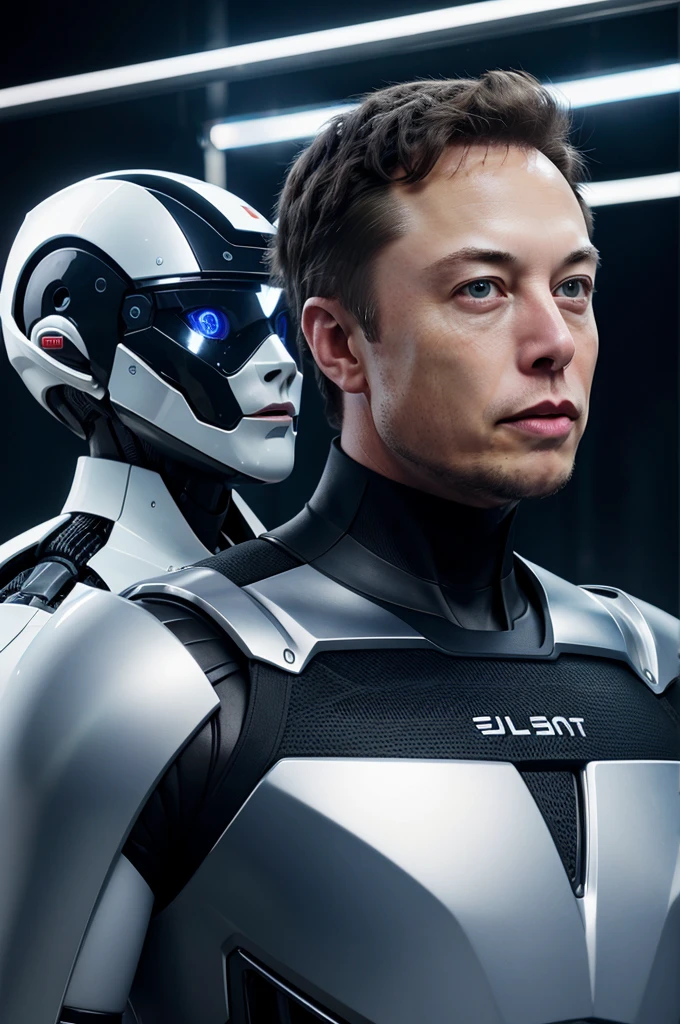 Elon musk is aggressive in photo with the artificial intelligence robots and back background is like scenematic and each other