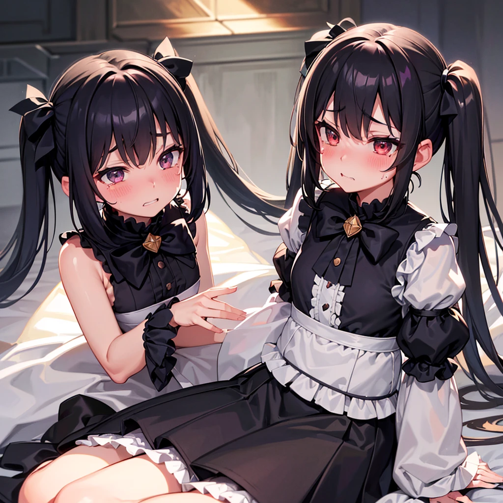 One girl, 一人in, blush, Black Hair, dress, bow, Twin tails, Cowboy Shot, teeth, No sleeve, Underarm, Hair on one eye, Grin, black bow, low Twin tails, sharp teeth, short Twin tails, In-person audience, beautiful, sad, Sulky, Irritation, Disgust, shy, fear, Tears in my eyes, Are crying, Sobbing, Tears, Tears flow, Wipe away the tears, Sobbing, Frowning, Frowningをする, Embarrassing, Blushed, Flushing, Blushed cheeks, Blushed face, Shy, Embarrassing, blushing, Glare, seiza, Sitting on the floor, in , Heartwarming scene, this, cute, cute, beautiful, Dream Core, Happy Core, hazy inmosphere, light inmosphere, gothic inmosphere, romantic inmosphere, Classic Academia, Fairy Academia, Romantic studies, 明るくカラフルな世界in, whole body, 