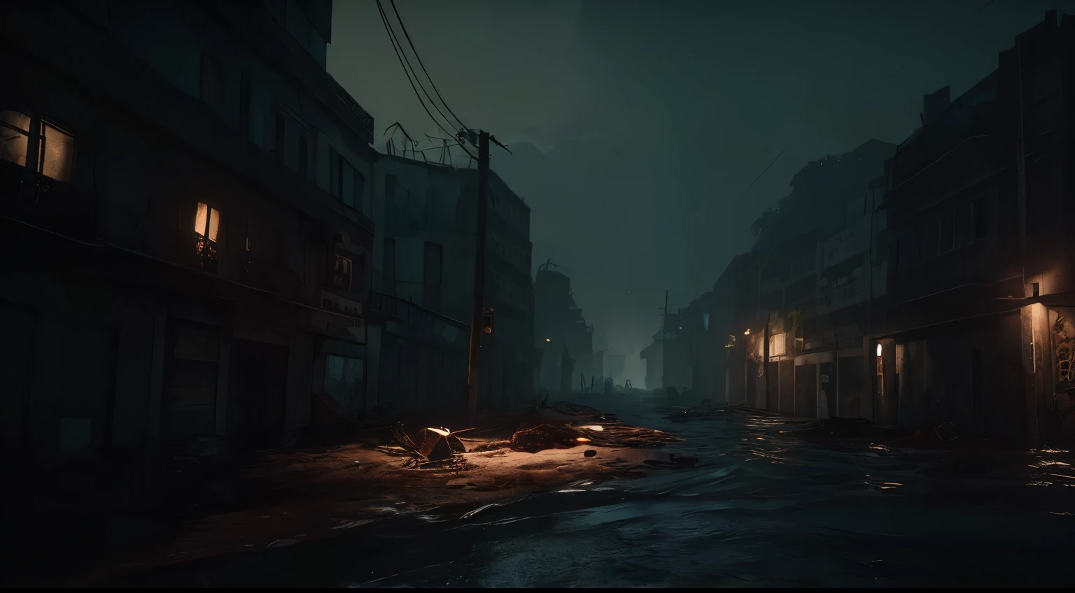 ((melhor qualidade)), ((Obra de arte)), ((detalhado)), Broken videogames and Computers around everywhere. It's night really very late and very dark. in a post-apocalyptic scenario, ruins of a city destroyed by floods, water and lame in the streets, RUST, VEGETATION and FUNGIS A LOT AROUND EVERYWHERE present