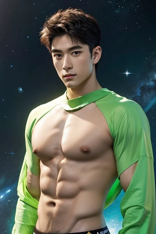 Quarter body photorealistic handsome Hunky shirtless Zodiac Prince: Pieces.. wearing light Green. Galaxy as background.