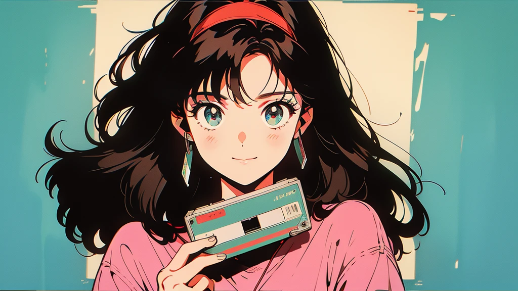 A picture of a girl in anime style holding a cassette tape. The girl has big eyes, black hair, and wears a red hairband. The cassette tape is red and she holds it up in front of her face. The background is simple and the main focus is on the girl and the cassette tape.An anime style drawing of a girl holding a cassette tape. The girl has big eyes, brown hair, and wears casual clothes. The cassette tape is red and labeled ``1980...''. The girl is smiling and holding the cassette up in front of her face. The background is simple and the main focus is on the girl and the cassette tape.