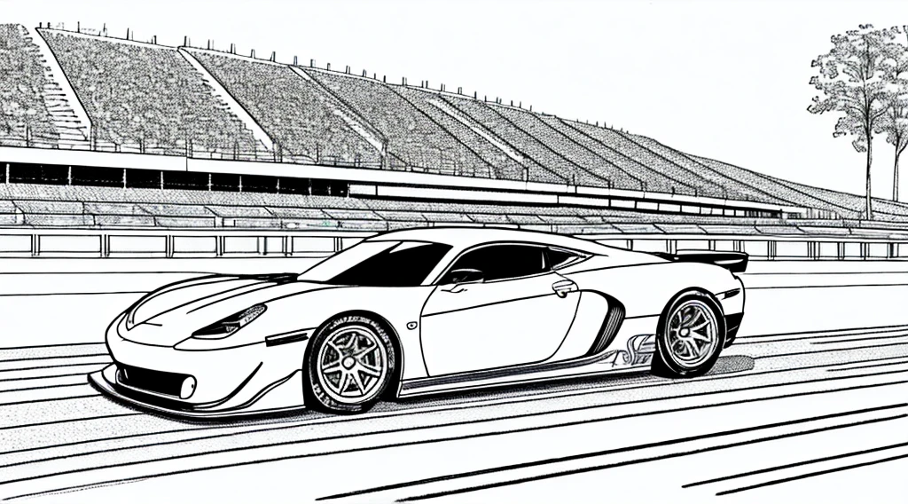 Coloring book page, beautifully drawn, black and white, car racing on a track, simple line, illustration, ink drawing, very prominent thick outlines, clean lines, line drawing, clipart. A car is moving along the road, another one is catching up behind it. In the background - stands and scoreboard.