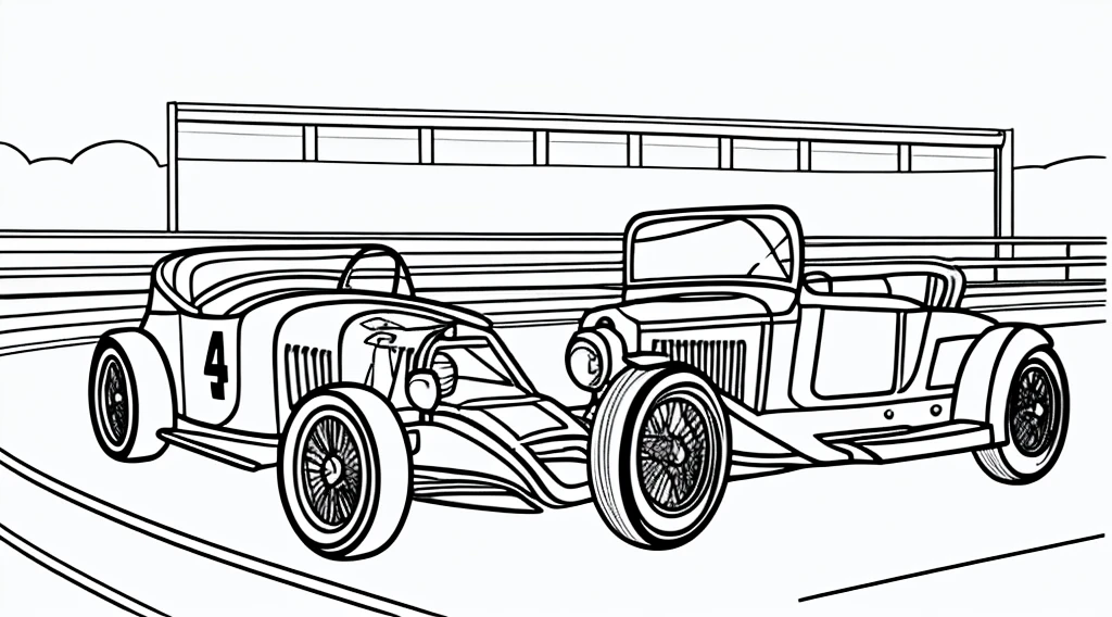 Coloring book page, beautifully drawn, black and white, car racing on a track, simple line, illustration, ink drawing, very prominent thick outlines, clean lines, line drawing, clipart. A car is moving along the road, another one is catching up behind it. In the background - stands and scoreboard.