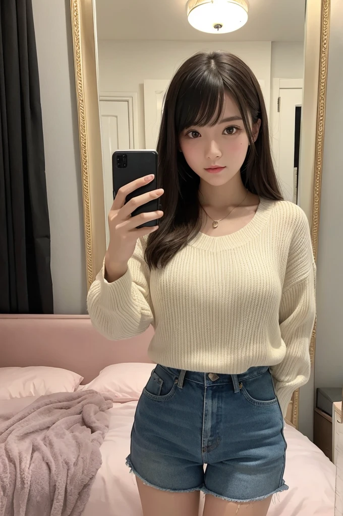 ((Highest quality)), ((masterpiece)), (detailed), One girl、Taking a selfie in my room。Realistic、Casual attire、Reflection of myself in the mirror