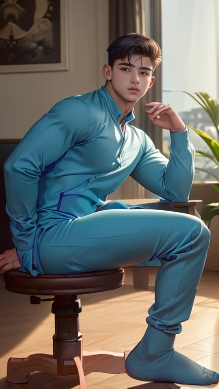 1 boy,((Best quality, 8 k, ultra - detailed, chedevr: 1.3)), 1 boy, Radiant & Radiant Skin, spicy, Perfect body beauty, Realistic ideal body shadow, (cute :1.1),("scantily clad,large bulge ":1.2),(dynamic poses:1.1), upper legs , (convex focus:1.2) ,sat down