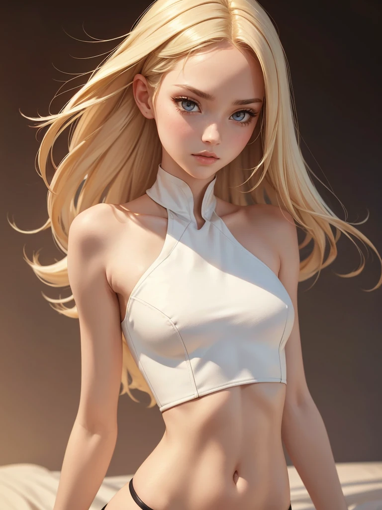 (best quality), 1girl, female, porcelain skin, blonde hair, straight hair, medium hair, swoopy tips, Flipped-up ends, brown eyes, perfect eyes, slender, crop top, small bust, shy, masterpiece, anatomically correct, highres
