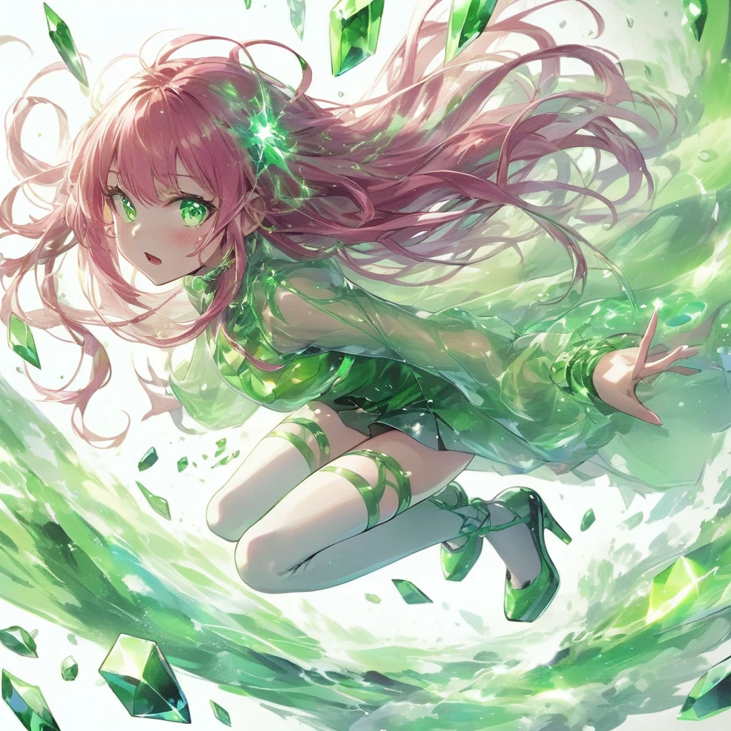 masterpiece, Highest quality, Anime Style, Green crystal girl, Long pink hair, ponytail, blue eyes, green glass, Transparency, Green light particles, Green Aura, effect, action, Flying kick, Stiletto heels, Translucent green clothing, wind effect dancing from the hands, Shiny green background, Full Body Shot, White light particles, yellowの光粒子, Gloss, Gloss, Three-dimensional, Concave and convex, Explosive power, Spirit, There is a sense of tension, urgent, And fierce battle; This composition depicts the girl from a distance; A powerful green energy wave is released; Lightning flashes behind her, The surroundings are illuminated in green.. She is surrounded by a blue aura, purple, yellow. Powerful and dramatic. Dynamic and colorful visuals. This anime uses soft, watercolor-like brushstrokes to create delicate lines., Multiple cells are stacked、The texture of the ink is expressed. Bringing out quality through meticulous work., Gloss感, Gloss