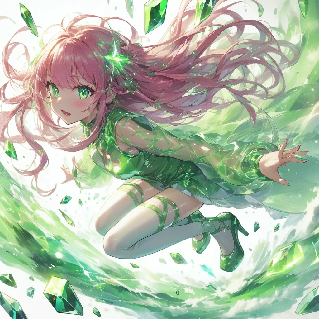 masterpiece, Highest quality, Anime Style, Green crystal girl, Long pink hair, ponytail, blue eyes, green glass, Transparency, Green light particles, Green Aura, effect, action, Flying kick, Stiletto heels, Translucent green clothing, wind effect dancing from the hands, Shiny green background, Full Body Shot, White light particles, yellowの光粒子, Gloss, Gloss, Three-dimensional, Concave and convex, Explosive power, Spirit, There is a sense of tension, urgent, And fierce battle; This composition depicts the girl from a distance; A powerful green energy wave is released; Lightning flashes behind her, The surroundings are illuminated in green.. She is surrounded by a blue aura, purple, yellow. Powerful and dramatic. Dynamic and colorful visuals. This anime uses soft, watercolor-like brushstrokes to create delicate lines., Multiple cells are stacked、The texture of the ink is expressed. Bringing out quality through meticulous work., Gloss感, Gloss