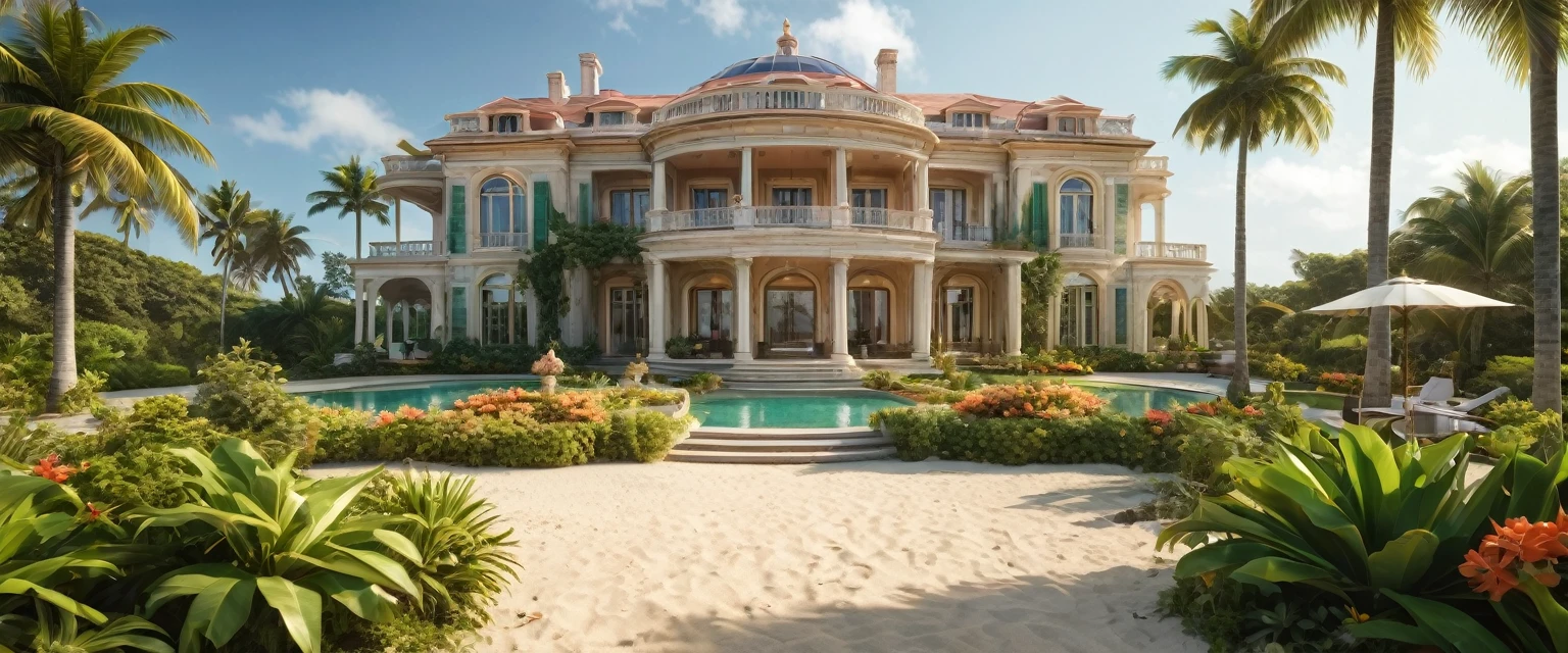 (best quality,4k,8k,highres,masterpiece:1.2),ultra detailed,(realistic,photorealistic,photorealistic:1.37),HDR,UHD,
The camera is positioned on the beach looking along towards a mansion, the mansion is clad in polished copper and has a green glass dome in the center, the surrounding garden has bright colored tropical flowers, the beach is a soft gold sandy color, the mansion has various levels and is the utmost luxurious design,