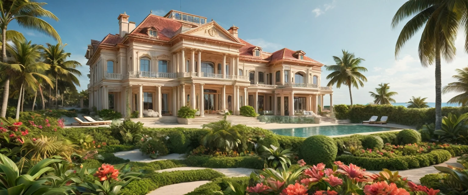 (best quality,4k,8k,highres,masterpiece:1.2),ultra detailed,(realistic,photorealistic,photorealistic:1.37),HDR,UHD,
The camera is positioned on the beach looking along towards a mansion, the mansion is clad in polished copper and has a green glass dome in the center, the surrounding garden has bright colored tropical flowers, the beach is a soft gold sandy color, the mansion has various levels and is the utmost luxurious design,
