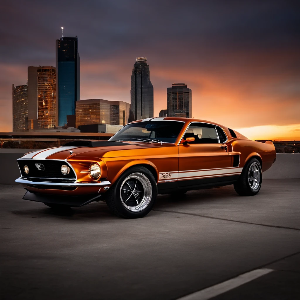 1969 mustang, burnt orange, gray racing stripes, sunset, Houston skyline