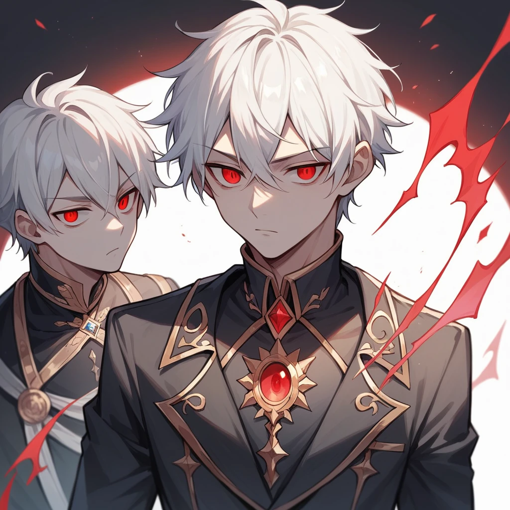 Best Quality, masterpiece,Anime boy with white hair and red eyes staring at camera, Glowing red eyes,slim, dressed in a black outfit,Shadow Body, monochromes, hair, Farbe々Angle