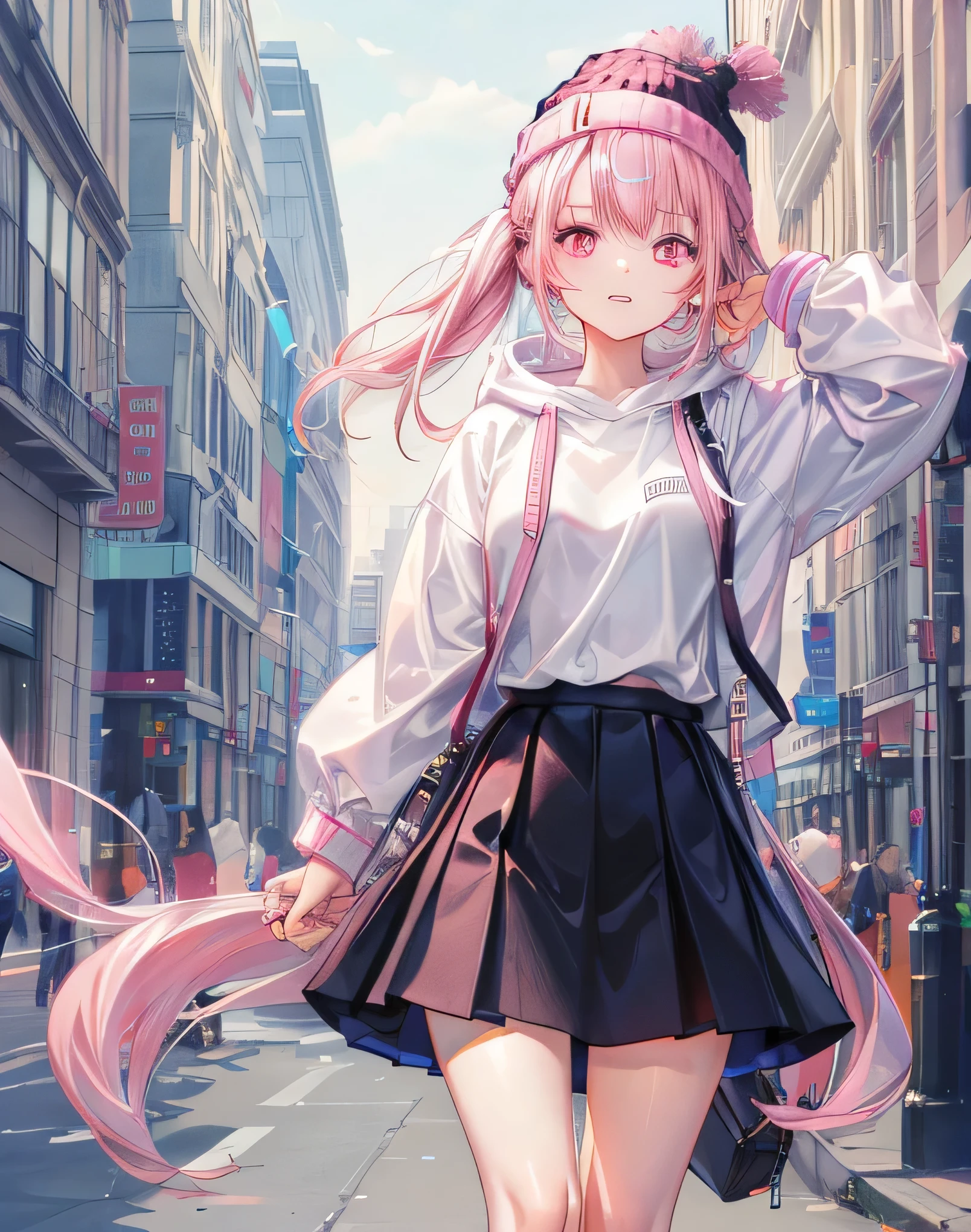 Y2k outfit,holding it up on her face, 20 years old, Y2k, pank fashion,oversized hoodie, cute, ((black skirt,white shirt)), Hair tied on both sides, pink hair, pink eyes, pink beanie, metal hairpin