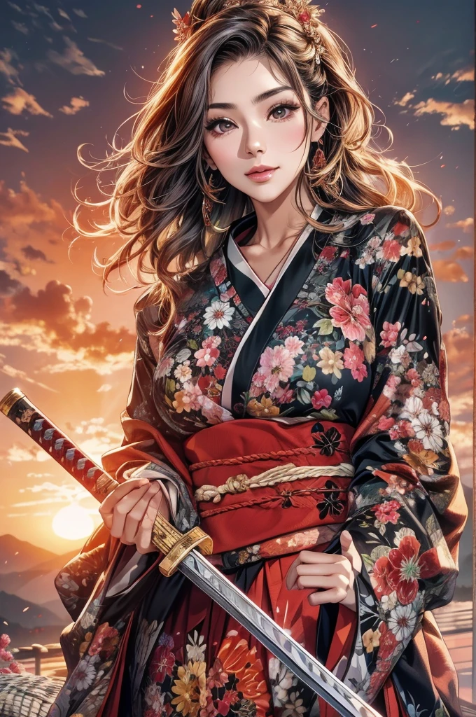 He holds a long Japanese sword in his right hand.、Beautiful 40 year old Japanese woman、A cool smile、Gorgeous black and red kimono、Gorgeous floral patterned kimono、Beautiful sunset、The sunset is dazzling、Slit eyes、Realistic eyes、Realistic eyes、A Japanese sword shines in the setting sun、Make your breasts bigger、Hold the Japan sword with your right hand、The right hand grip is correct、Place your left hand on your hip