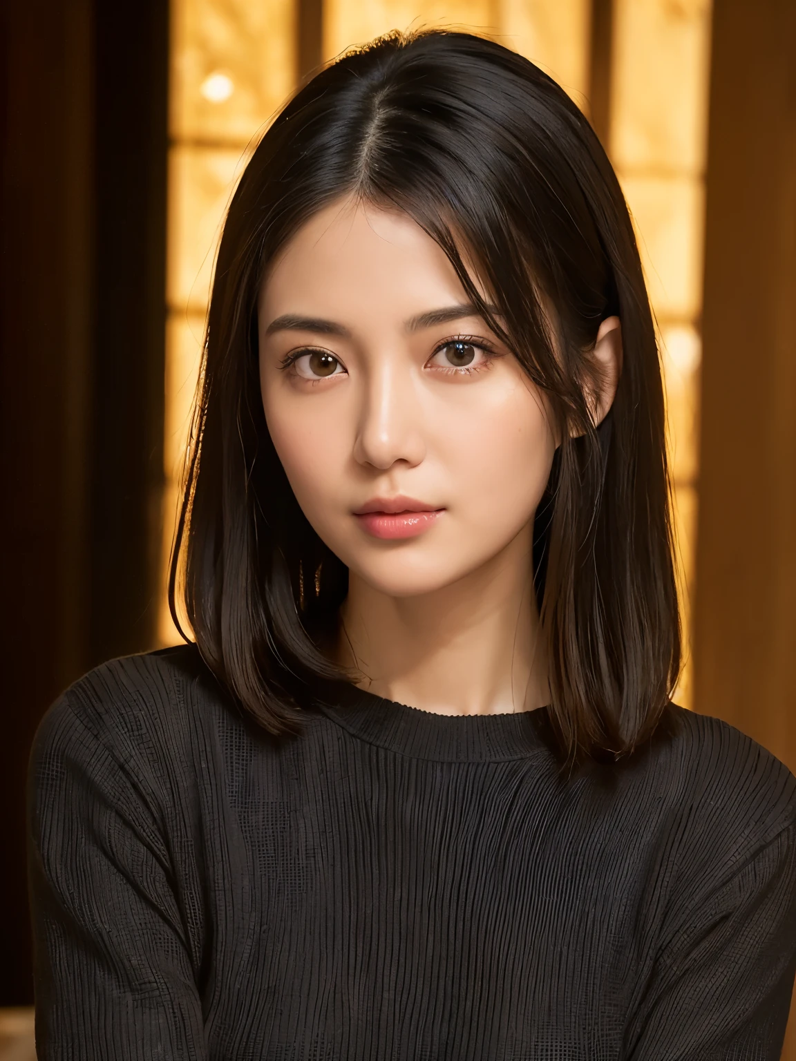 (masterpiece:1.3), (8k, Realistic, RAW Photos, Highest quality: 1.4), (One girl), Beautiful Face, (Realistic Face), (Black Hair, Straight Hair:1.3), Beautiful hairstyle, Realistic eyes, Beautiful attention to detail, (Realistic Skin), Beautiful Skin, (sweater), Absurd, Charm, Ultra-high resolution, Ultra-realistic, Very detailed, Golden Ratio