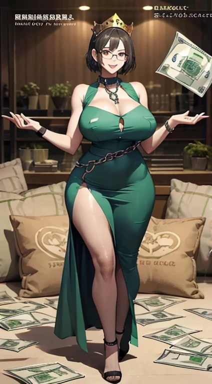 masterpiece, Cool luxury girl, Lady Thief, (a giant pile of money:1.5), (Holding a sci-fi device in hand:1.25), Cover, 杂志Cover, packs of money, a group of fans, Cult, Cultists, worship, goddess green Bodycon Dress, Diamond crown, Kanekoen watch, thick Kanekoen chains, Kanekoen glasses, Smile, Kaneko, Wide-angle lens, Detailed hands, The right hand, Detailed body, Delicate eyes, Proportional mechanism, Cheats, cheat, program, cheat program, money, Kaneko, Treasure, healthy, armor, attribute, Green Dress, Green set, Bodycon Dress, crown, Kanekoen watch, thick Kanekoen chains, Kanekoen glasses, Holding packs of dollars, Smile, Luxurious Spark