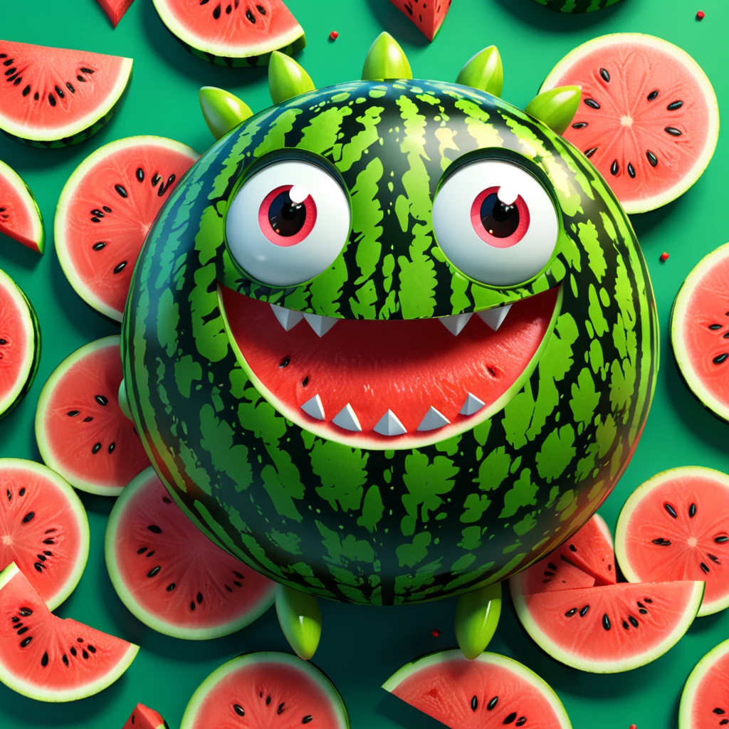 A cute watermelon monster with big eyes and a large green body with a red interior, happily smiling. The cartoon character is designed in the style of Pixar animation studio, created using C4D software. It has an adorable green and red color scheme and showcases a playful expression. This vibrant scene adds humor to your mobile phone wallpaper. --ar 1:1 --v 6.0 --3D render