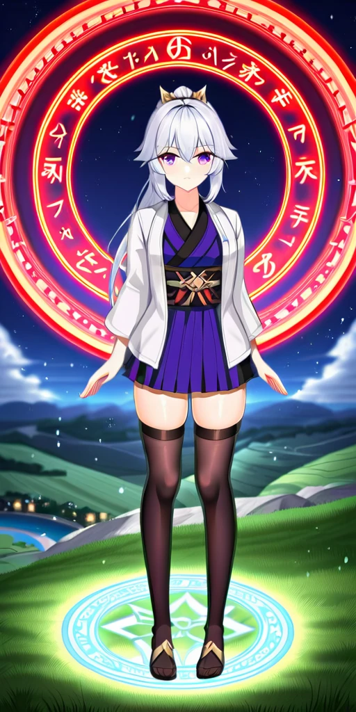 1girl, japanese clothes, ponytail ,white hair, purple eyes, magic circle, blue fire, blue flames, wallpaper, landscape, blood, blood splatter, depth of field, night, light particles, light rays, sidelighting, thighs, fate \(series\), genshin impact, ****, open jacket, skirt, thighhighs, cloud,nsfw