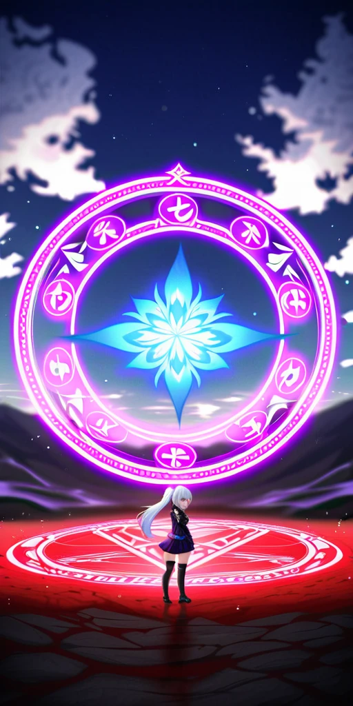 1girl, japanese clothes, ponytail ,white hair, purple eyes, magic circle, blue fire, blue flames, wallpaper, landscape, blood, blood splatter, depth of field, night, light particles, light rays, sidelighting, thighs, fate \(series\), genshin impact, ****, open jacket, skirt, thighhighs, cloud,nsfw