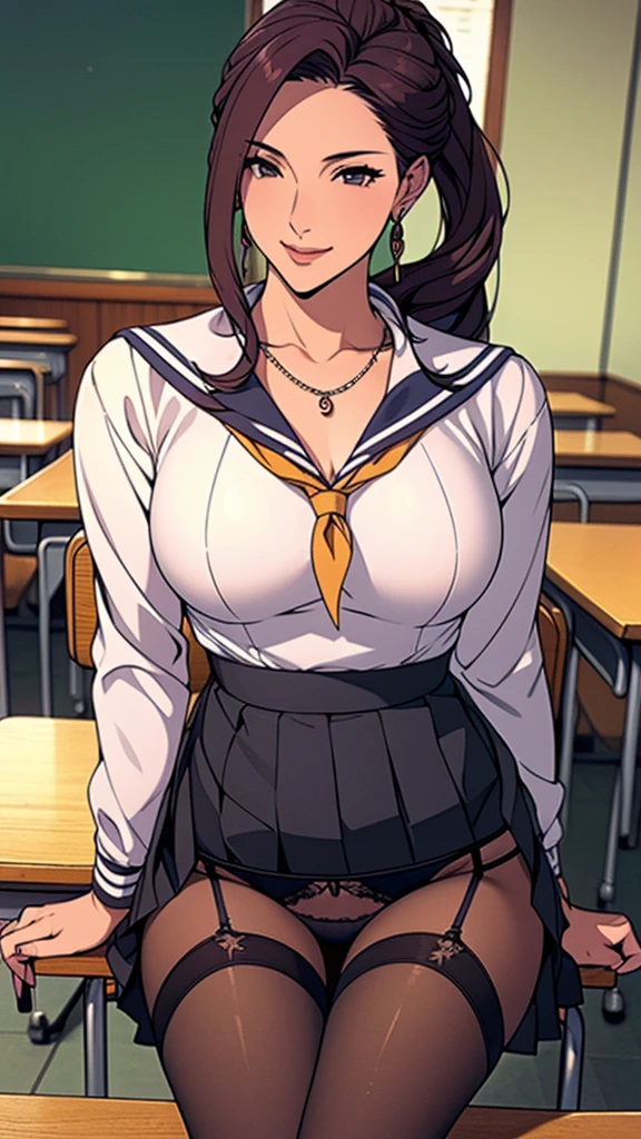 (((Highest quality))),(((High resolution))),((Correct Anatomy))、((Sailor suit))、(((Long Hair))),(((Highest quality))),(((Correct Anatomy))),(((school uniform)))、((((Black panties)))), ((Black Pantyhose)),((Pleated skirt)),((Fancy Lingerie)),((Black knee-high stockings)),((A shy smile)),(Tabletop, Highest quality, High resolution, , Pixel perfect, 4K,), (((Mature MILF)))、(One mature woman)、((Long Hair))、((ponytail))、I could see the whole body, Soft Breasts, Dynamic Angle, Perfect body, ((Earrings、necklace,Pleated skirt)),Office chair、sit